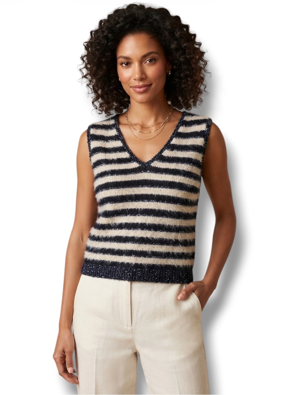 V-Neck Sweater Vest Navy Cream Metallic Striped Open Knit Size M